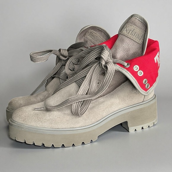 Timberland Carnaby Fold-Down Grey Red Boots Womens Size 6 Waterproof Minimalist - Picture 3 of 9